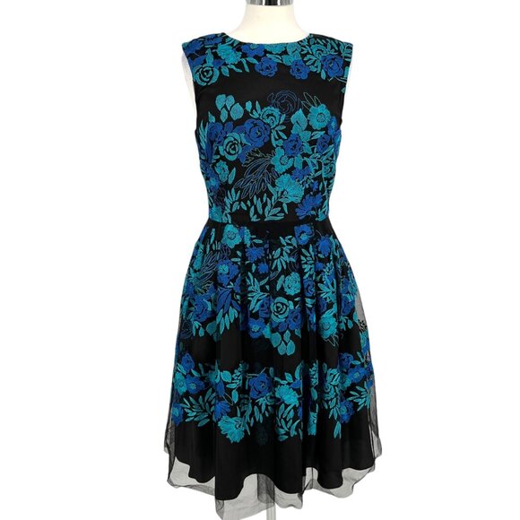 Tahari Floral Embroidered Fit & Flare Sleeveless Party Dress Black Blue Size 10 - Picture 1 of 15